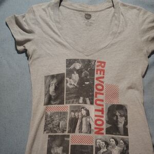 The Beatles Women's Gray V-Neck Tee with Red 'REVOLUTION' Graphic